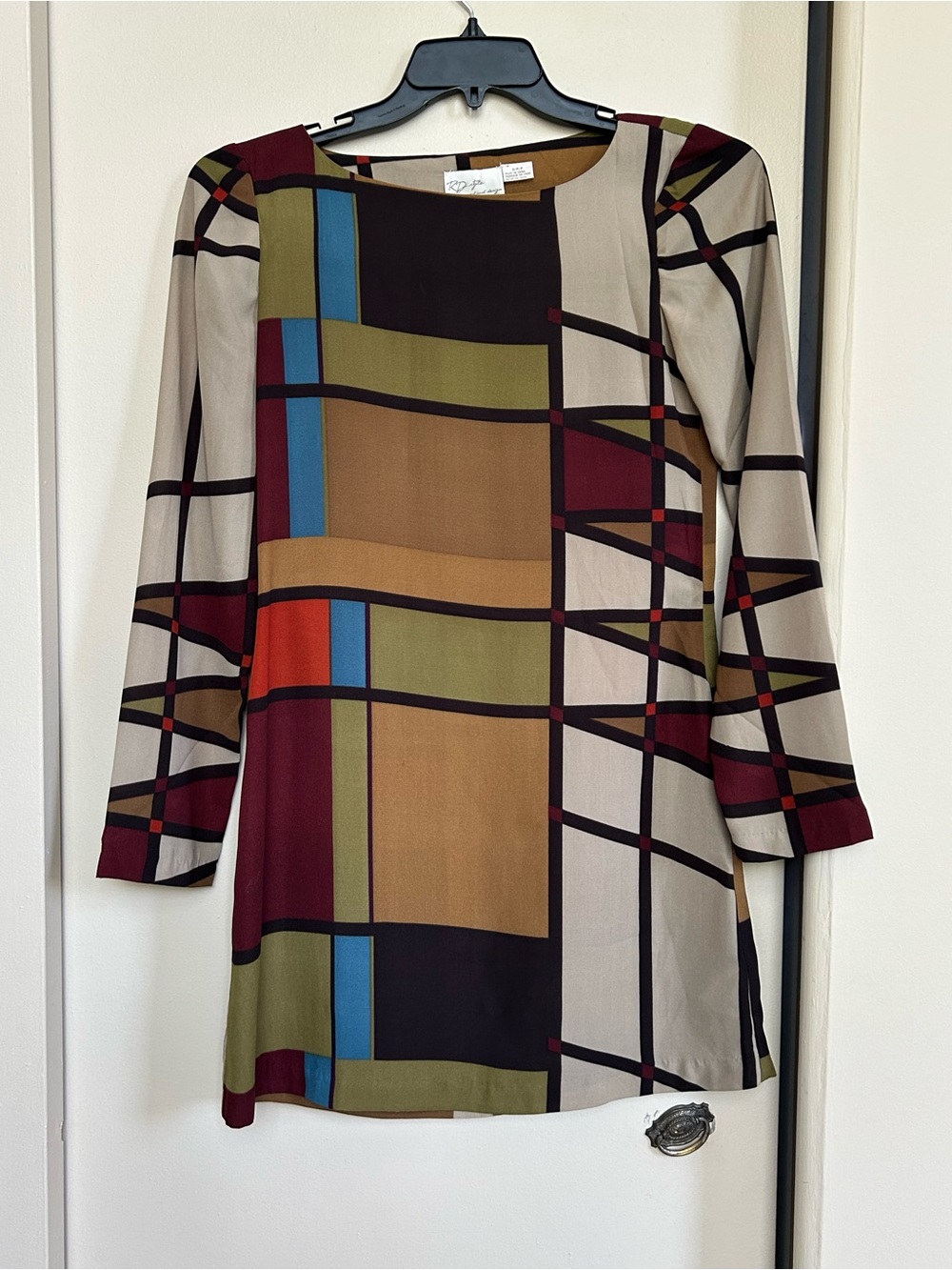 RD Style Multicolor Geometric Long Sleeve Shift Dress, S